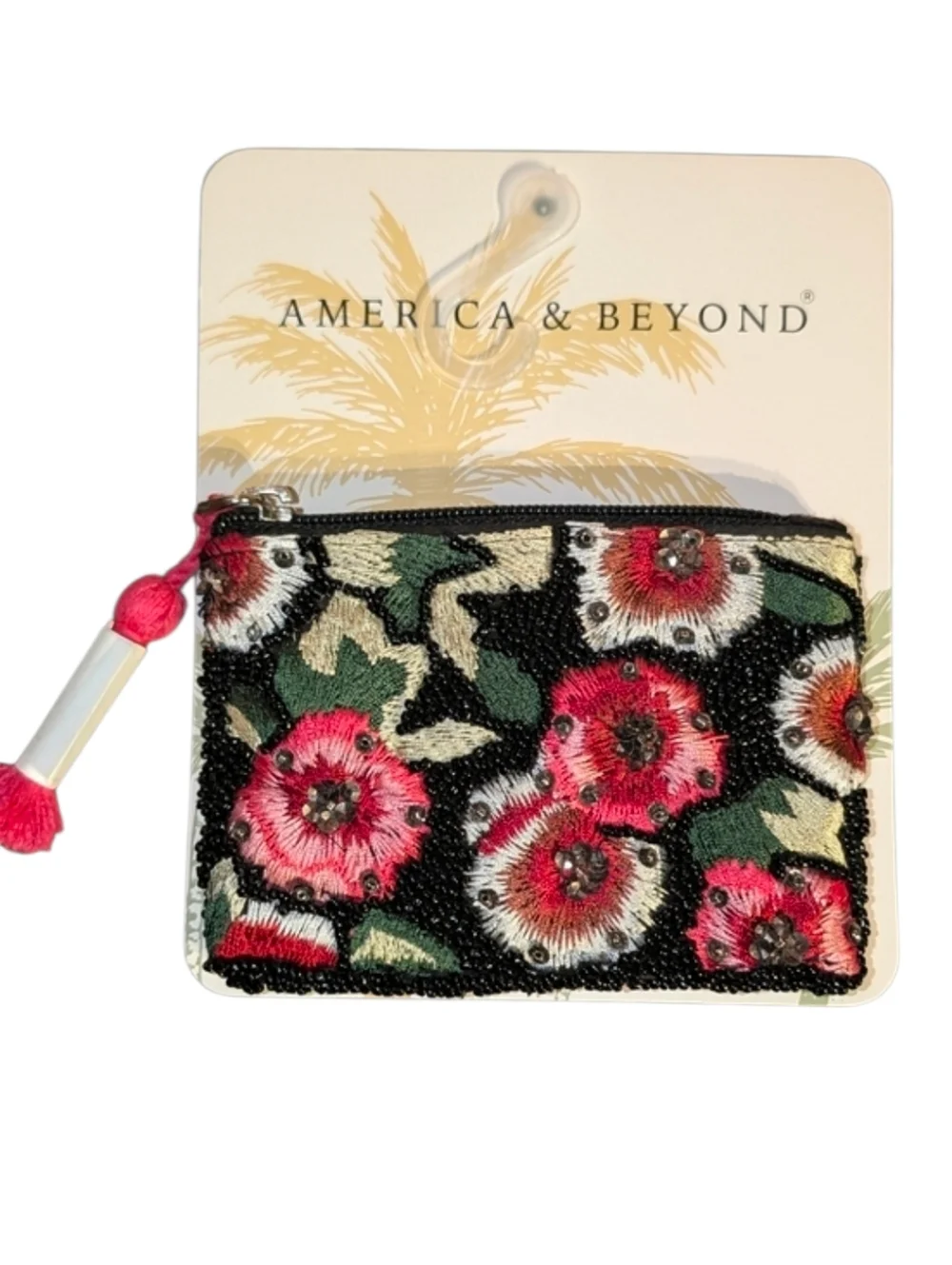🖤▪️America & Beyond ▪️Floral Beaded Zip Pouch - Black with Pink Floral